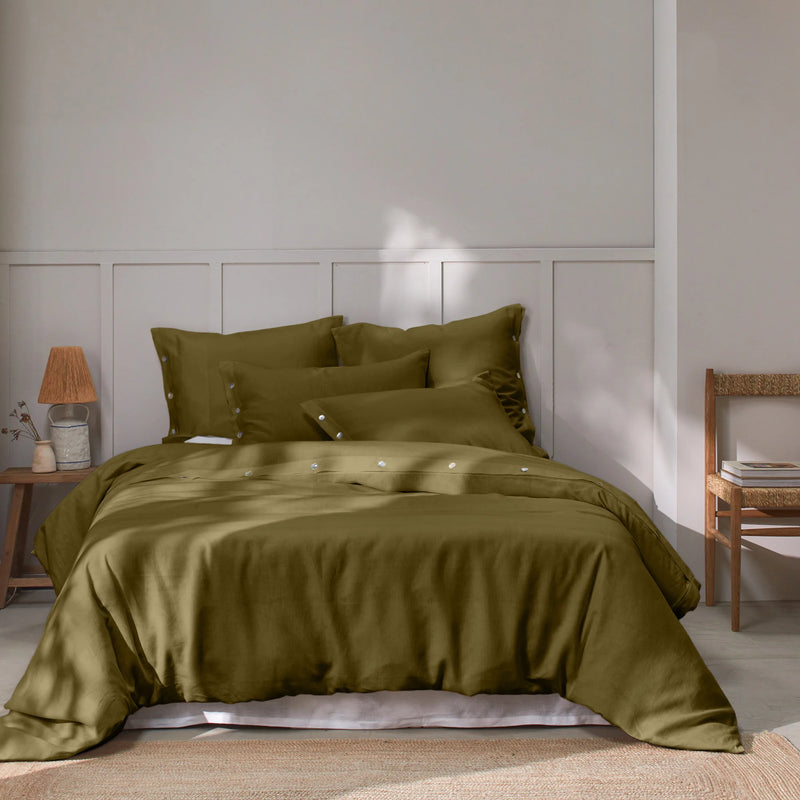 Shell Buttoned Washed Linen Duvet Cover Green