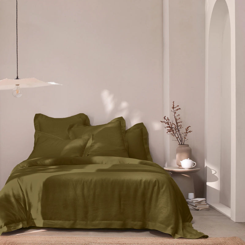 Hemstitch border linen duvet cover green