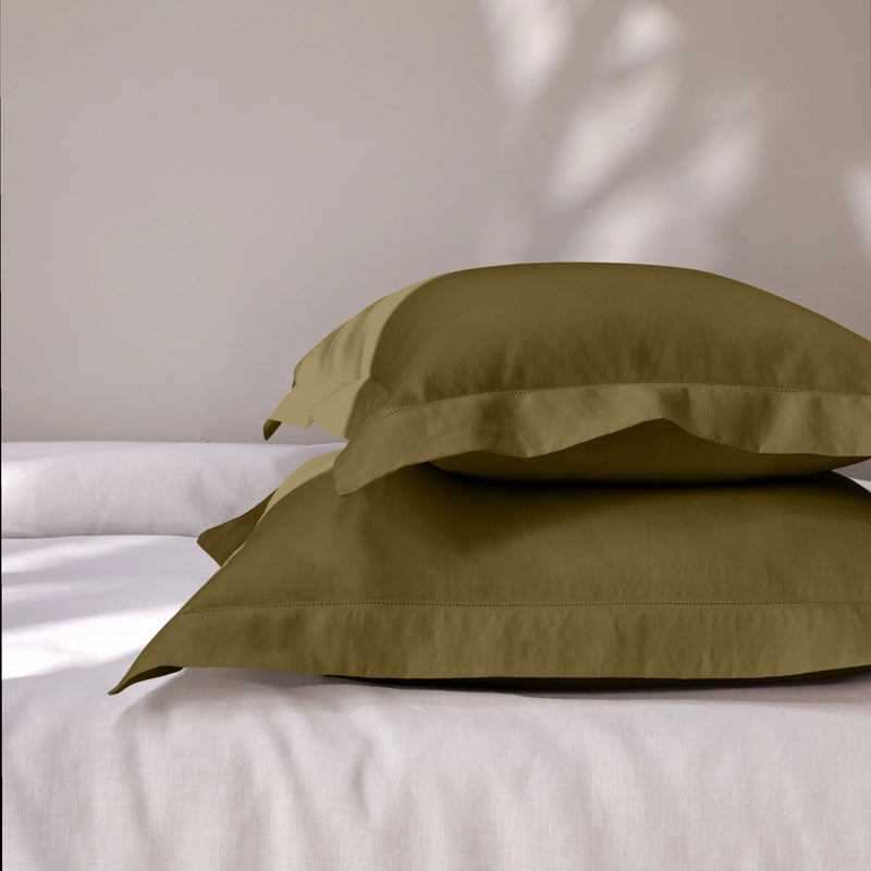 Hemstitch border green olive linen pillowcase