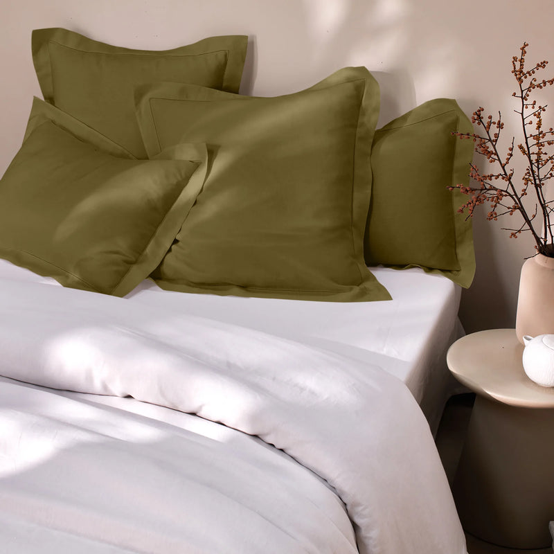 Green olive hemstitch border linen pillowcase