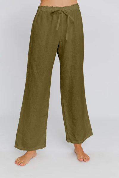 Washed Linen Pajamas Trousers green olive