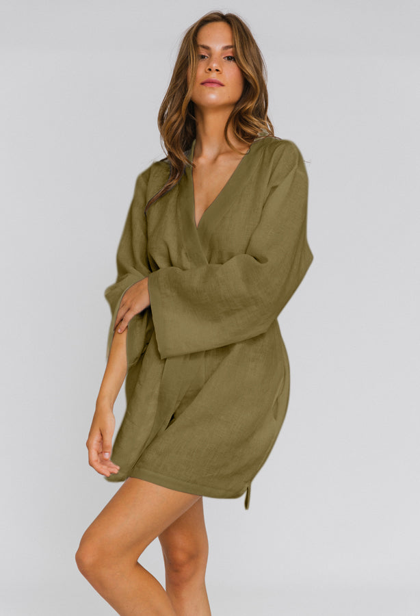 Linen Unisex Short Bathrobe "Alice" green olive