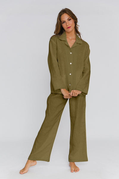 Soft Washed Linen Pyjamas Set green olive