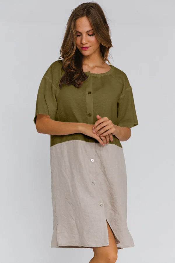 Buttoned Washed Linen Night Dress "Gabi" green olive