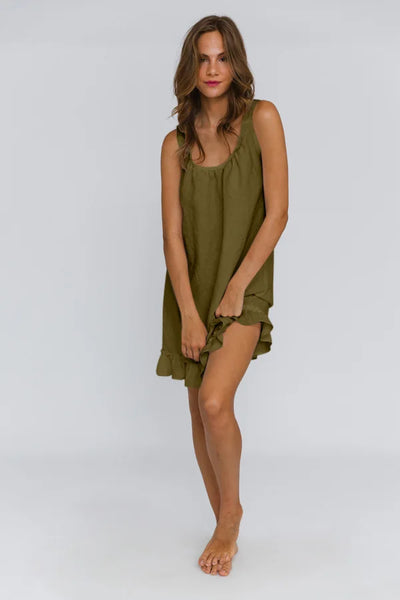 Washed linen sleeping dress “Ester” green olive