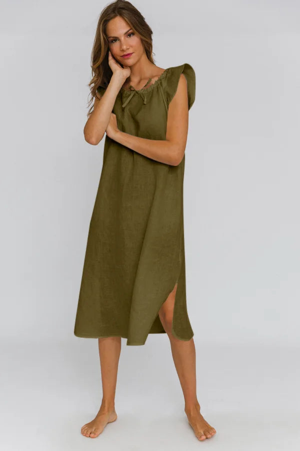 Long Linen Night Dress “Rosa” green olive