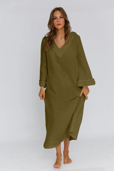 Long Ruffled Linen night dress “Bia” green olive