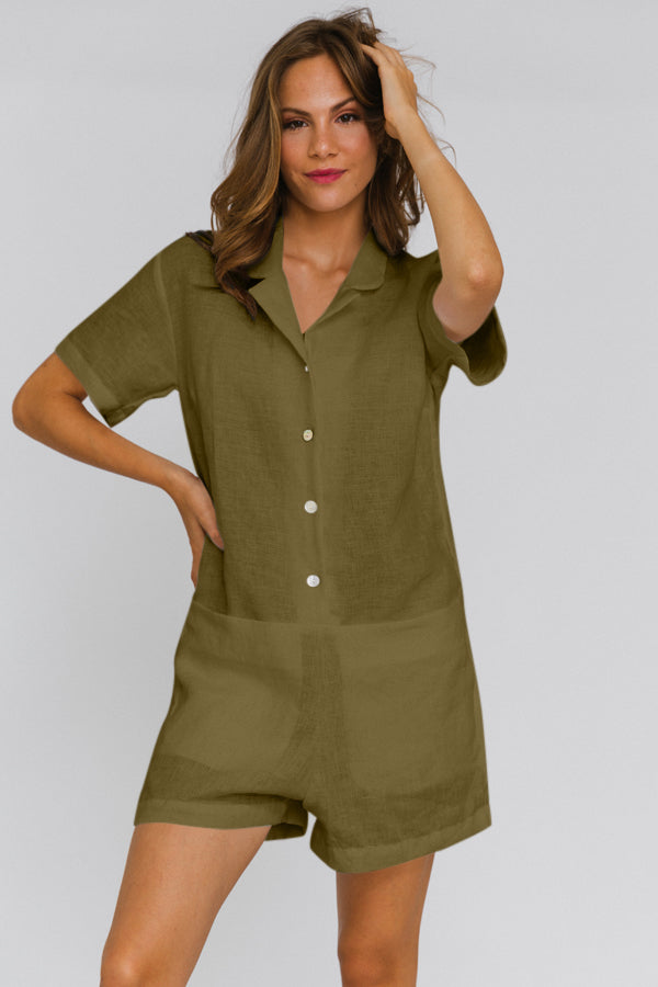 Washed Linen Romper "Nara" green olive