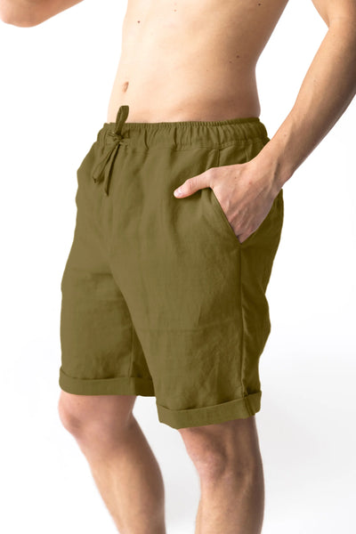 Relaxed washed linen shorts green olive