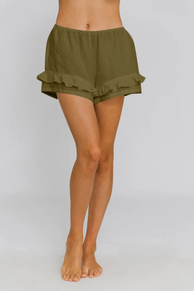 Ruffled Washed Linen Shorts “Mara” green olive