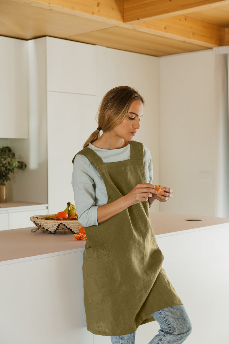 Japanese Style Washed Linen Pinafore Apron  green olive