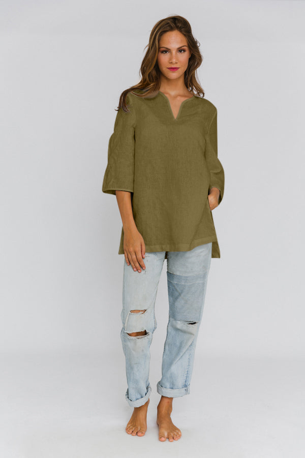 Linen tunic with slit sides green olive