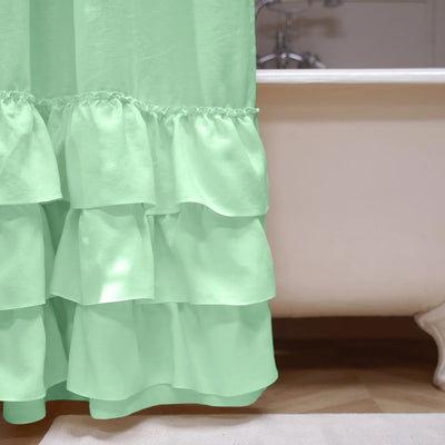 close up ruffles on shower curtain mint green