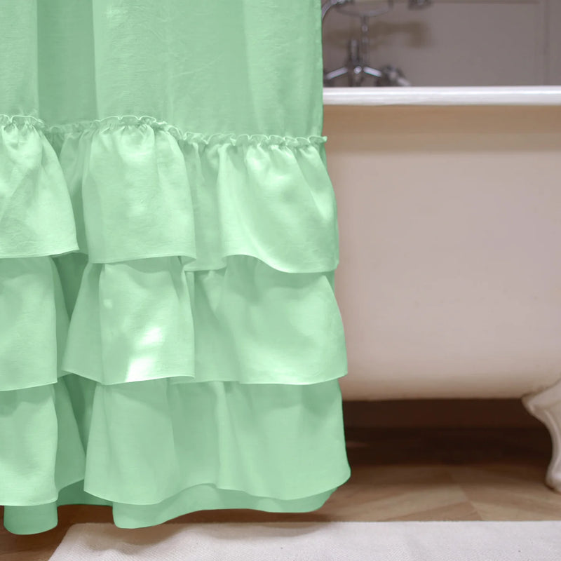 close up ruffles on shower curtain mint green