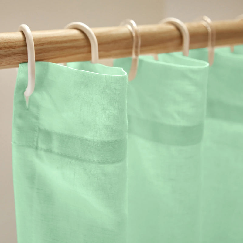 closeup linen shower curtain top mint green