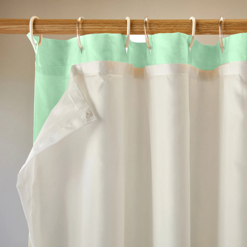 closeup lined linen shower curtain mint green