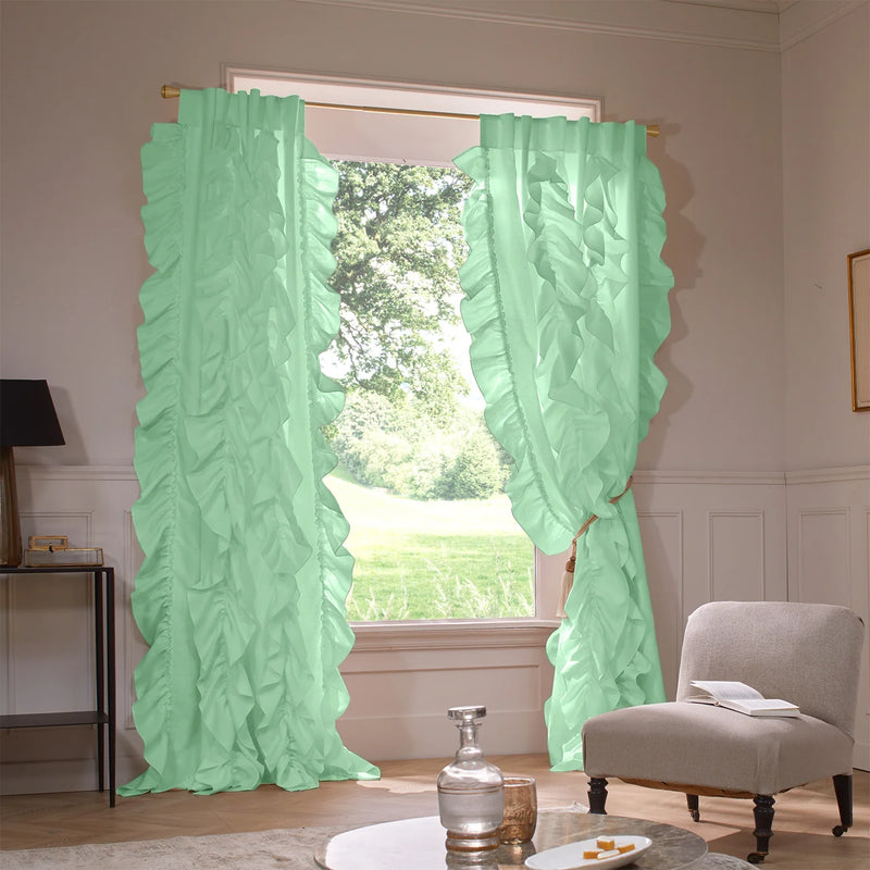 Custom drops Ruffles Linen curtains mint green