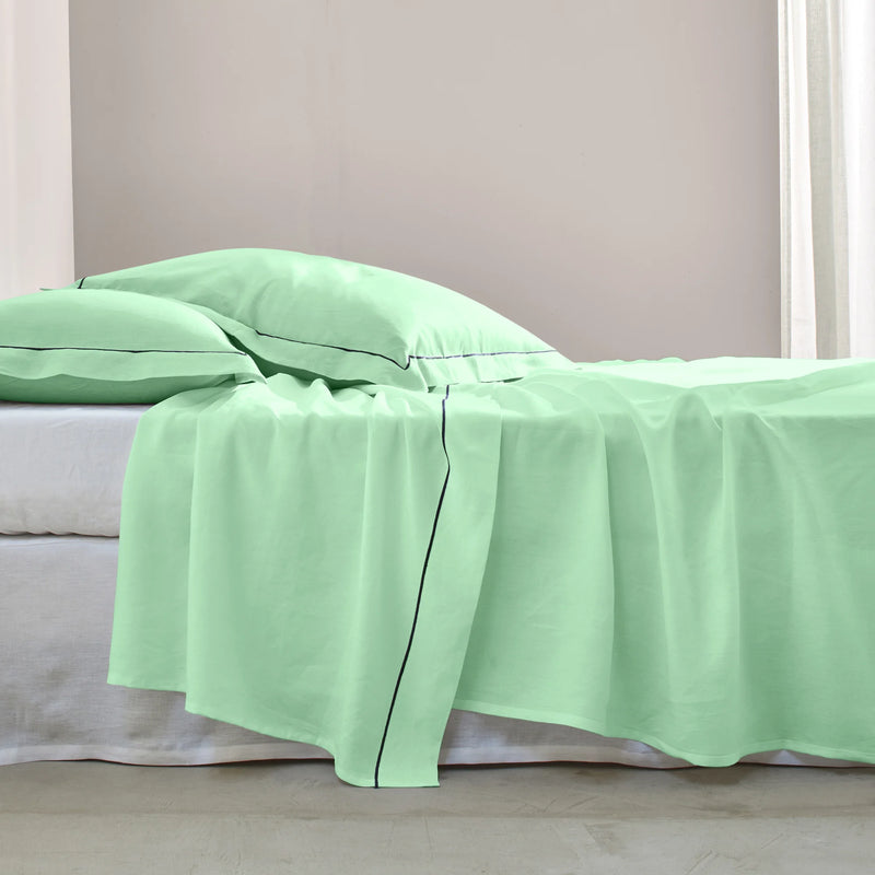 Bourdon border linen flat sheet mint green