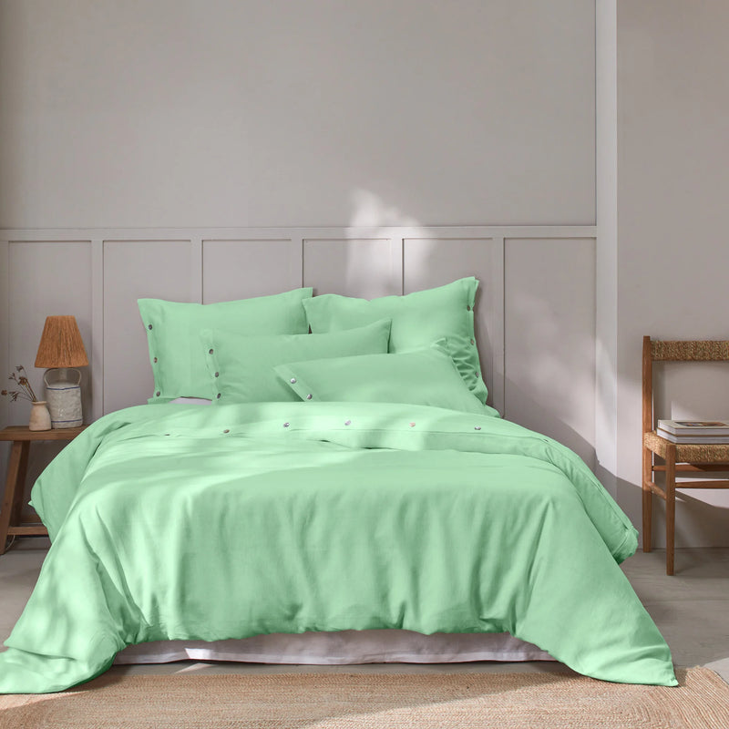 Shell Buttoned Washed Linen Duvet Cover Mint Green