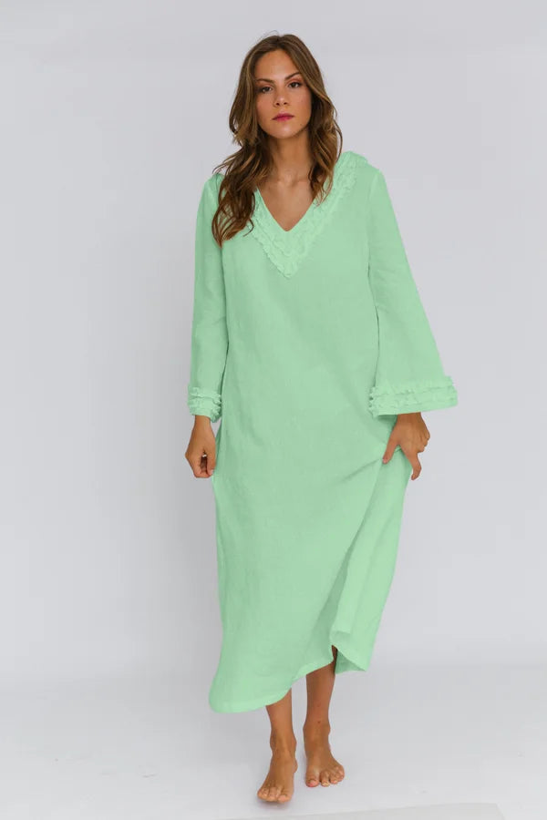 Long Ruffled Linen night dress “Bia” mint green