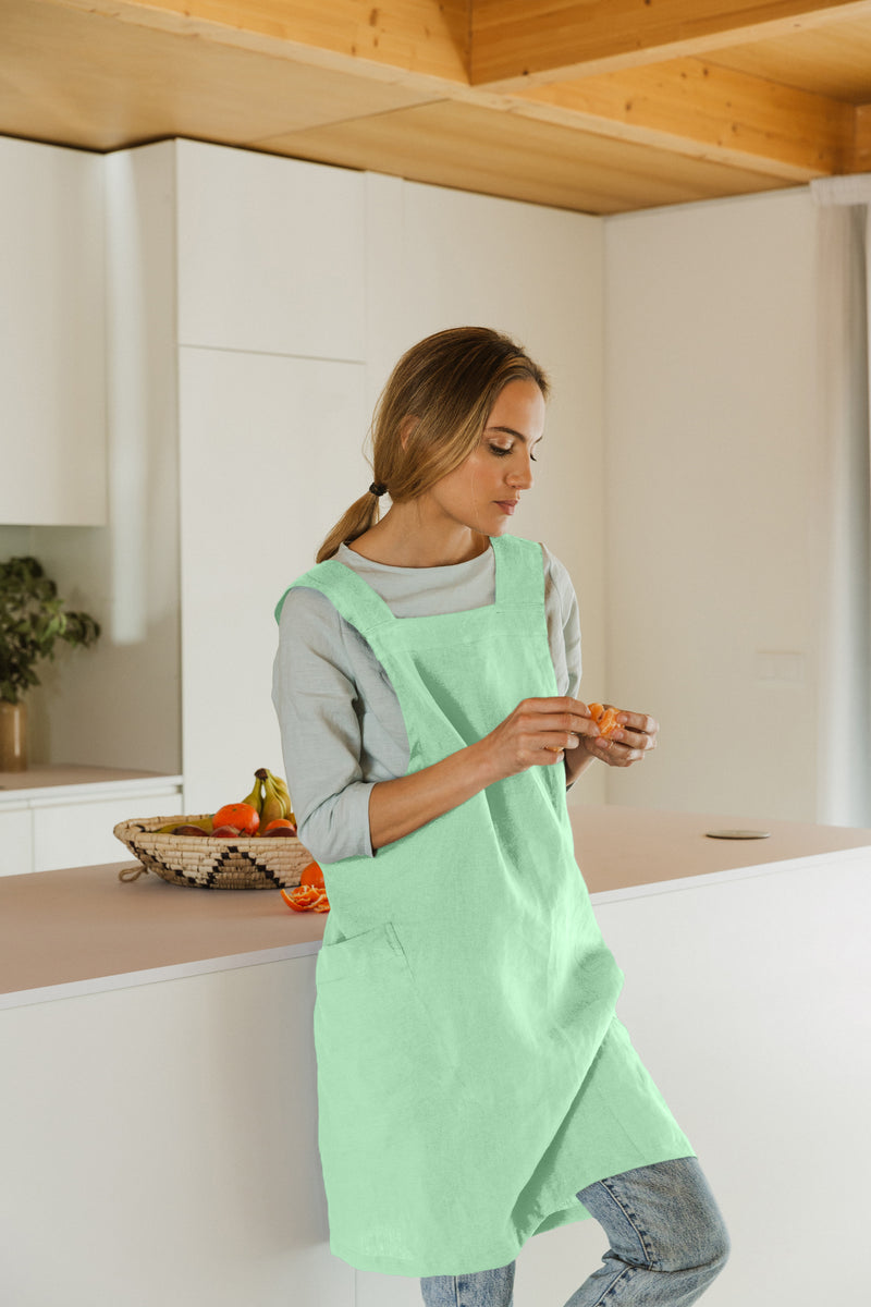 Japanese Style Washed Linen Pinafore Apron  mint green