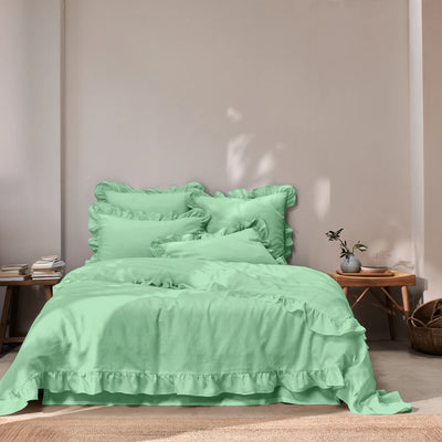 Ruffled Linen Duvet Cover mint green