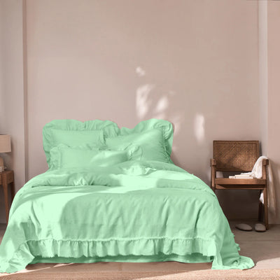 Frayed Ruffles Linen Duvet Cover Mint Green