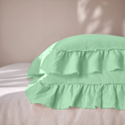 Mint Green Linen Pillowcases with Frayed Ruffles