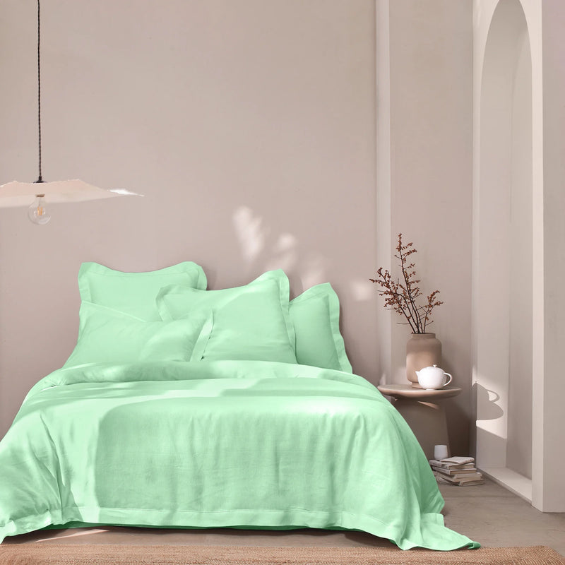 Hemstitch border linen duvet cover mint green