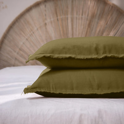 Frayed edge Linen Pillowcases ( set of 2) green