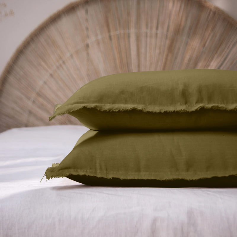 Frayed edge Linen Pillowcases ( set of 2) green