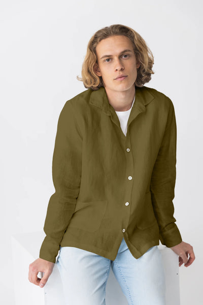 Shirt jacket in washed linen "Cristiano" green olive