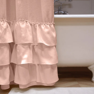 close up ruffles on shower curtain nude