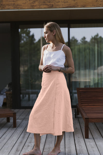 Casual long flared skirt in nude linen