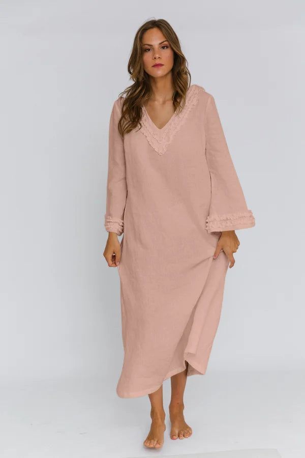 Long Ruffled Linen night dress “Bia” nude