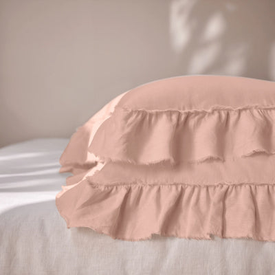 Pink  Linen Pillowcases with Frayed Ruffles