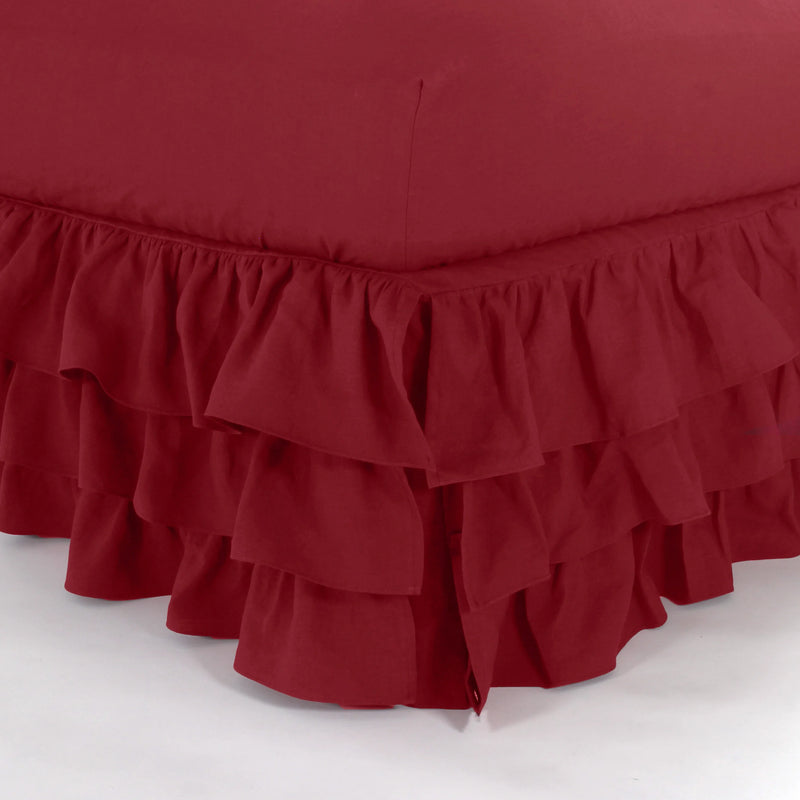 Waterfall ruffles linen bedskirt burgundy