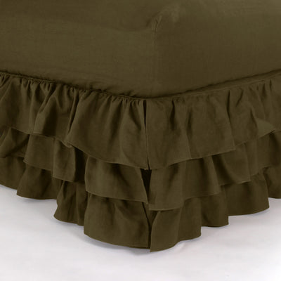 Waterfall ruffles linen bedskirt green olive