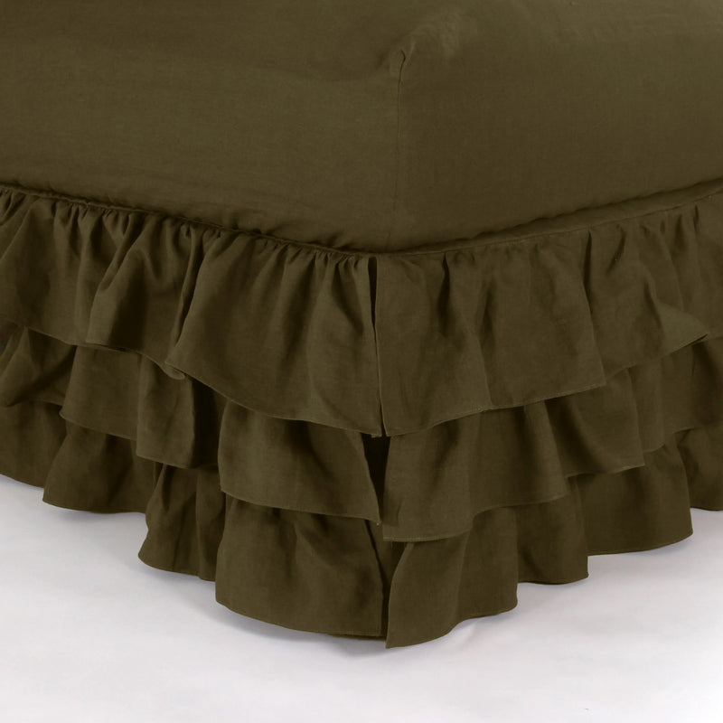 Waterfall ruffles linen bedskirt green olive