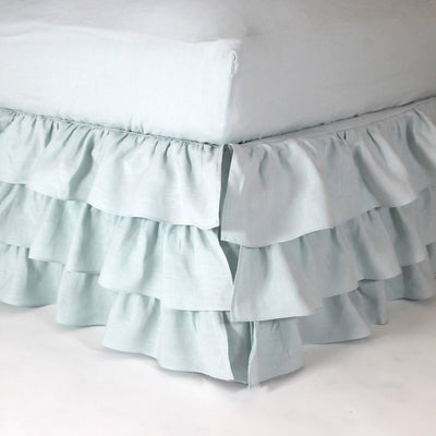 Waterfall ruffles linen bedskirt icy blue