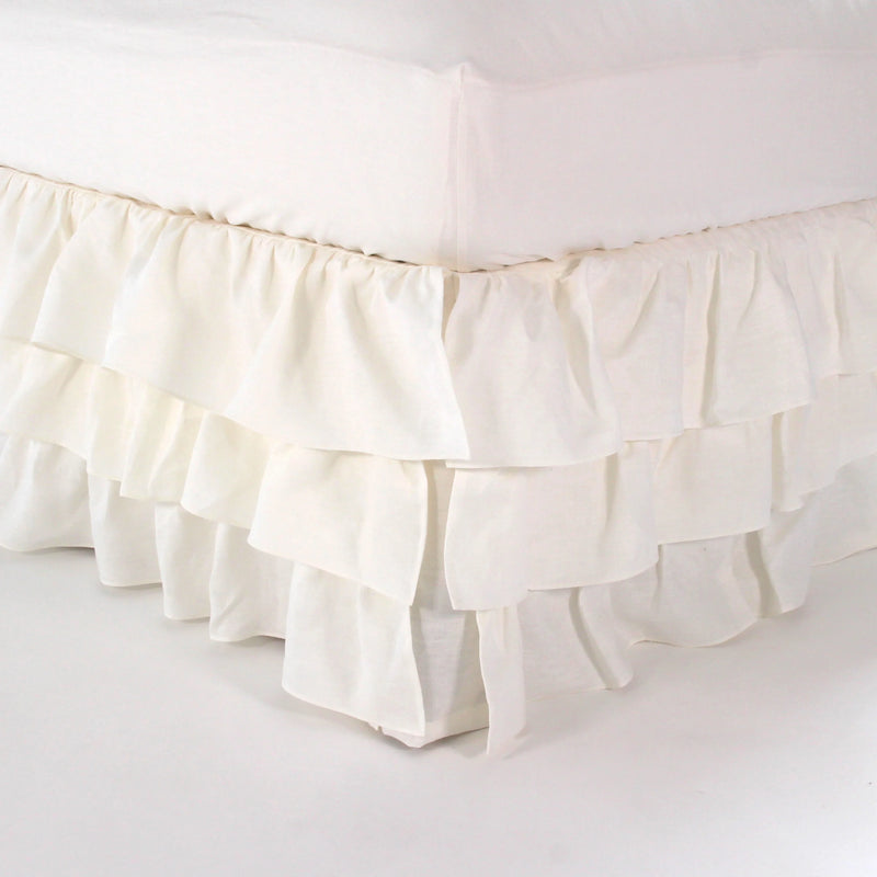 Waterfall ruffles linen bedskirt ivory