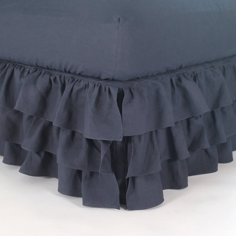 Waterfall ruffles linen bedskirt night blue