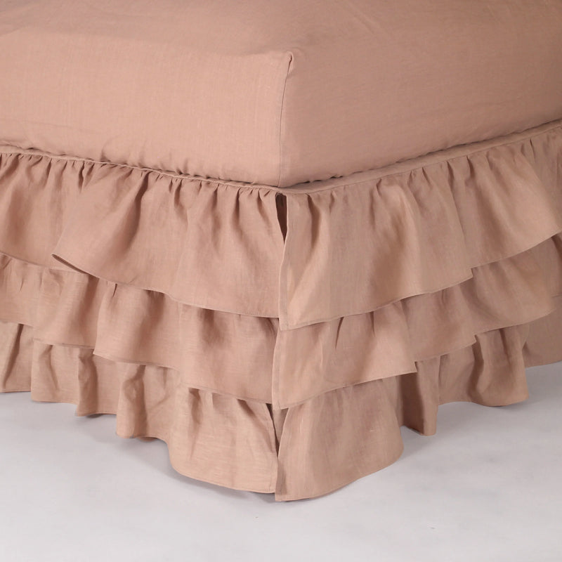 Waterfall ruffles linen bedskirt nude