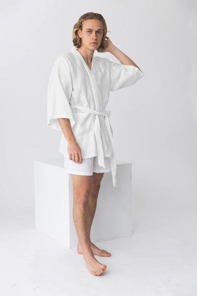 Short linen bathrobe, “Orlando” kimono style white