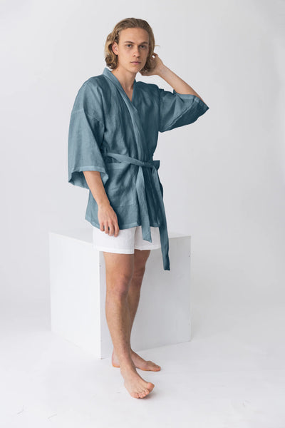 Short linen bathrobe, “Orlando” kimono style french blue