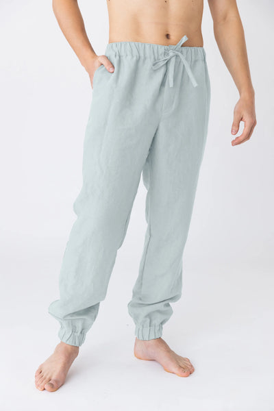 Washed linen trousers, elasticated “Gael” icy blue