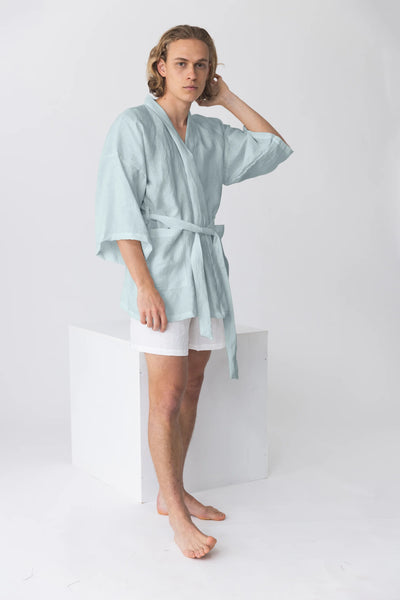 Short linen bathrobe, “Orlando” kimono style llight blue