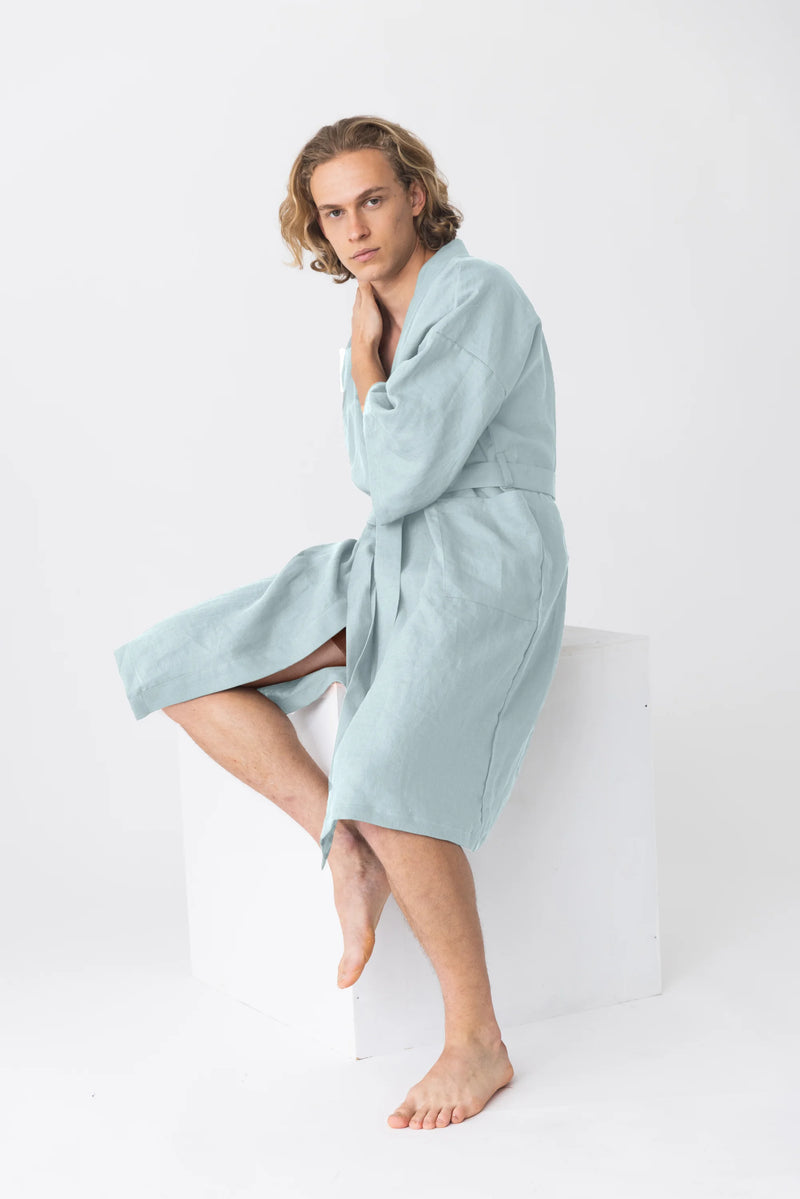 linen Kimono bathrobe, “Nelson” icy blue