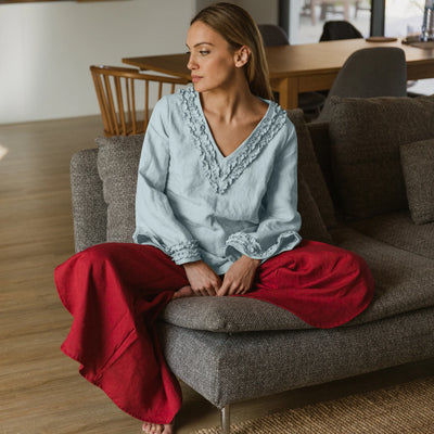 Short Ruffled Night Dress Soft Washed Linen light blue