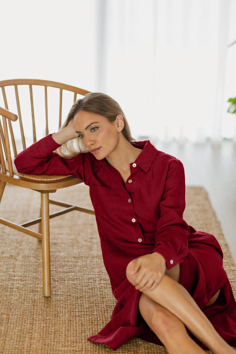 Linen Long Shirt Buttoned-down burgundy